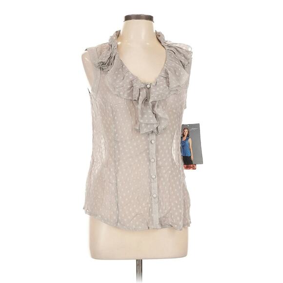 Lapis Sleeveless Ruffle Front Top Large Grey Swiss Dot Chiffon Blouse NWT - Picture 1 of 7